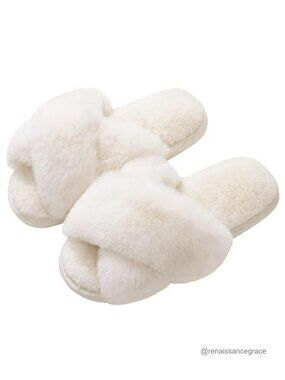 Faux Fur Cross Band Open Toe Memory Foam Slippers for Women
